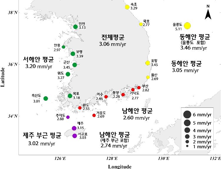 최근 35년간(1989~2023년) 해수면 상승률(21개소)